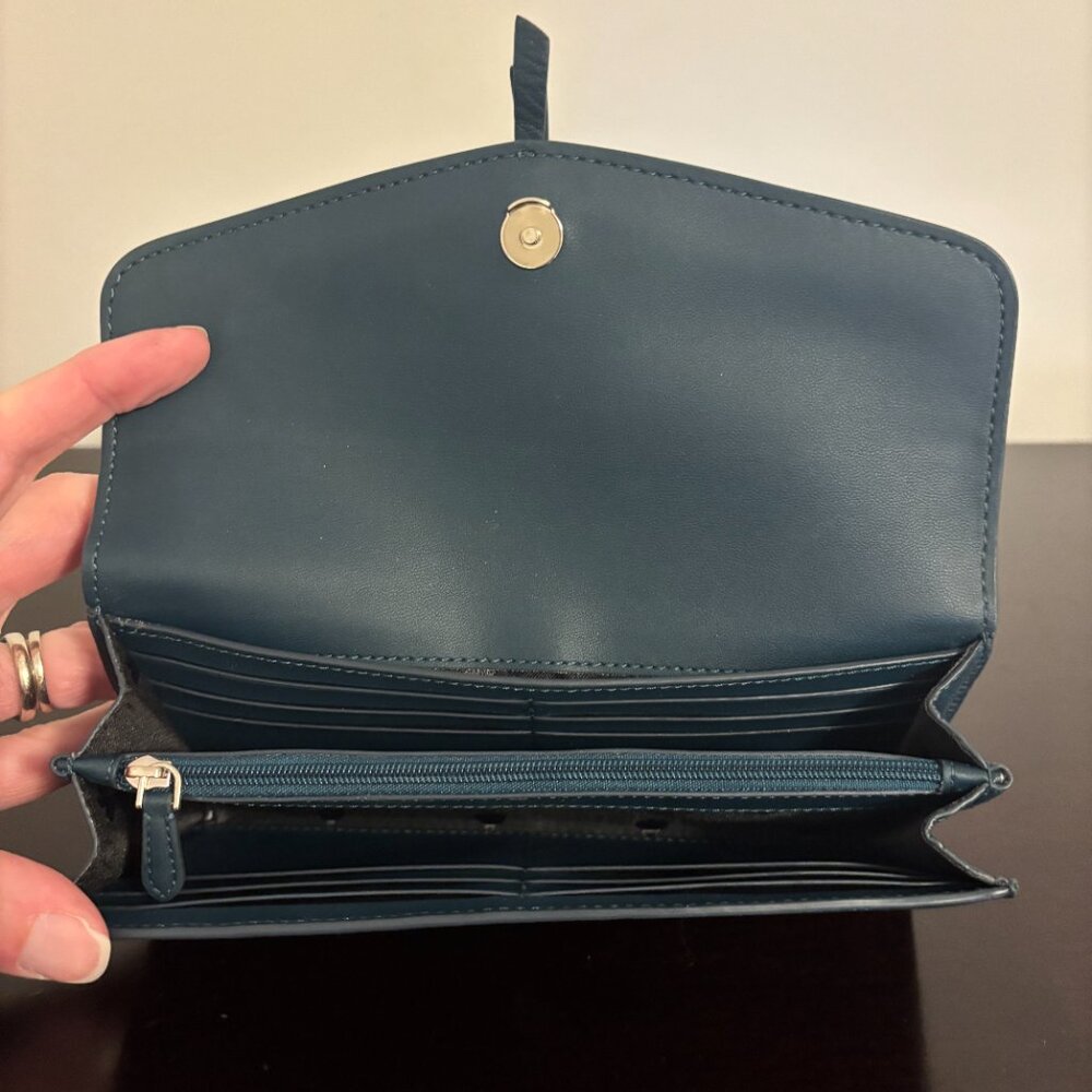 Kate Spade Marti Dark Blue Green Pebbled Leather Large Slim Flap Wallet - Picture 8 of 10